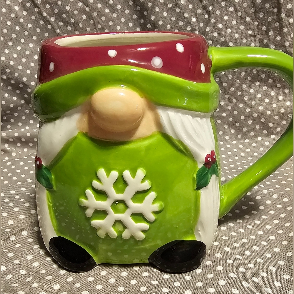 Festive Green Gnome Holiday Mug with Snowflake Accent